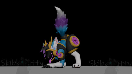 anthro ass_up blep eyes_closed grey_background happy jack-o'_pose machine male pose simple_background solo tongue tongue_out white_paws skibbykitty bison_the_protogen protogen 16:9 3d_(artwork) digital_media_(artwork) widescreen