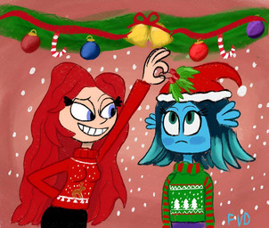 5_fingers accidental_holly bell blue_body blue_eyes blue_skin candy candy_cane cheek_tuft christmas_bells christmas_clothing christmas_decorations christmas_ornament christmas_sweater christmas_topwear clothing dessert dreamworks_smirk duo ear_fins eyebrows eyelashes facial_tuft female female/female fin fingers food green_clothing green_sweater green_topwear hair hand_behind_back holding_holly holidays holly_(plant) interspecies long_eyelashes long_hair looking_at_another looking_at_partner looking_up looking_up_at_object mouth_closed ornament plant pseudo_hair raised_eyebrow red_background red_clothing red_hair red_sweater red_topwear simple_background smile snow snowing sweater teal_eyes tentacle_hair tentacles topwear tuft fervildraws christmas ruby_gillman_teenage_kraken chelsea_van_der_zee ruby_gillman humanoid kraken 2023 digital_drawing_(artwork) digital_media_(artwork) signature