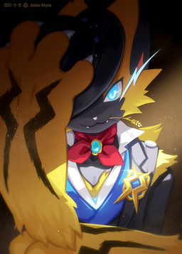 anthro black_body black_fur blue_eyes brooch chewing_grass clothing fur glowing glowing_eyes hat headgear headwear holowear_(pokemon) lightning_bolt male multicolored_body multicolored_fur ribbons simple_background solo stick_in_mouth tipping_hat top_hat topwear tuft two_tone_body two_tone_fur vest white_sclera yellow_body yellow_fur atelier_rhyme nintendo pokemon pokemon_unite frontier_style_zeraora zephyr_(atelier_rhyme) generation_7_pokemon legendary_pokemon pokemon_(species) zeraora 2023 hi_res