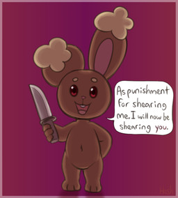 ambiguous_gender anthro brown_body brown_fur buckteeth dagger dialogue featureless_crotch fur hand_behind_back looking_at_viewer magenta_background melee_weapon navel sheared solo speech_bubble tan_body tan_fur teeth text threatening weapon heshieokf nintendo pokemon buneary generation_4_pokemon lagomorph mammal pokemon_(species) english_text hi_res