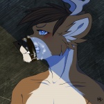 anthro antlers belt black_nose blue_eyes bodily_fluids brown_body brown_fur brown_hair clenched_teeth cum fur genital_fluids hair horn male nude solo teeth white_body white_fur markfish_(artist) tzarious deer mammal new_world_deer white-tailed_deer 1:1