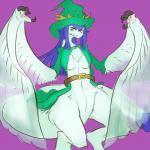 anthro belt bottomless breasts clothed clothing female fur green_clothing green_hat green_headwear hair hat headgear headwear kemono long_hair looking_at_viewer navel non-mammal_breasts purple_background purple_hair simple_background smile solo tail yellow_eyes amboyna mythology annabelle_(amboyna) dragon furred_dragon furred_scalie hybrid mythological_creature mythological_scalie scalie 1:1