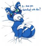 2014 ambiguous_gender anthro bed_sheet bedding black_nose blue_body blue_fur blue_tail blush censored chest_tuft convenient_censorship dialogue embarrassed english_text eye_half_closed fur generation_6_pokemon gloves_(marking) green_pupils green_sclera head_tuft hi_res japanese_meowstic looking_at_viewer lying male_(lore) markings meowstic multicolored_tail navel neck_tuft nintendo on_back open_mouth pawpads paws pokemon pokemon_(species) pupils simple_background solo tail tail_censorship talking_to_viewer text tuft two_tone_tail white_background