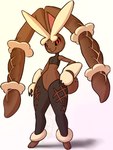 anthro black_sclera bread brown_body brown_fur clothed clothing female flat_chested food fur leggings legwear midriff pantyhose red_eyes simple_background smile solo white_background starrberry nintendo pokemon generation_6_pokemon lagomorph mammal mega_evolution mega_lopunny pokemon_(species)