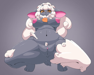 :< anthro anthrofied bell belly big_breasts biped breasts cowbell deep_navel female front_view fur genitals grey_background horizontal_pupils horn looking_at_viewer low-angle_view navel nipple_dip nipples pigtails pokemorph pupils simple_background slightly_chubby solo thick_thighs vulva wool_(fur) yellow_eyes pata nintendo pokemon bovid caprine generation_8_pokemon mammal pokemon_(species) wooloo 2019 aliasing digital_media_(artwork) hi_res