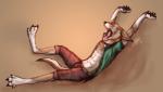 anthro brown_body brown_fur clothed clothing collar fur green_clothing green_shirt green_topwear male open_clothing open_mouth open_shirt open_topwear shirt solo stretching topwear yawn fire_of_anubis terak canid canine canis coyote mammal 2013