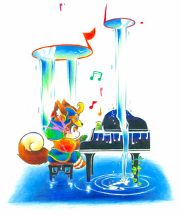 anthro clothed clothing daww grand_piano hat headgear headwear kemono keyboard_instrument male musical_instrument note piano solo water_flow water_surface mash_(artist) yugamiaru_mash fairy_musketeers cane_(fairy_musketeers) canid canine canis domestic_dog mammal 2009