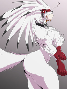 anthro bread bread_in_mouth fangs food fur glove_snap hair looking_at_viewer male muscular muscular_male nude question_mark red_eyes slim solo spiky_hair standing teeth white_body white_fur arskie198 asian_mythology east_asian_mythology japanese_mythology mythology shiro_kamaitachi kamaitachi mammal mustelid musteline true_musteline yokai 3:4 hi_res