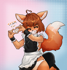 ambiguous_gender anthro blush blush_lines clothing eyes_closed gesture hair halftone_background heart_gesture maid_uniform panties panty_shot pattern_background short_hair simple_background smile solo tail text underwear uniform luckesha edddie_(luckesha) canid canine fox mammal absurd_res halftone hi_res