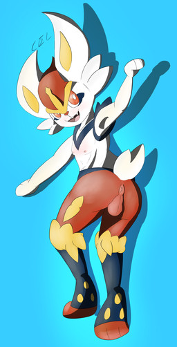 anthro balls butt fur genitals male multicolored_body presenting red_body red_eyes red_fur smile solo white_body white_fur claire_lun nintendo pokemon cinderace generation_8_pokemon lagomorph leporid mammal pokemon_(species) rabbit absurd_res hi_res