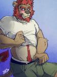 anthro beard blush body_hair bottomwear bottomwear_pull briefs bulge clothed clothing clothing_pull ear_piercing facial_hair fur hair happy_trail male pants pants_pull piercing shirt solo topwear underwear undressing sky3 rhum bear felid hybrid lion mammal pantherine 2015 3:4 hi_res shaded soft_shading