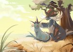 ambiguous_gender blue_body blue_skin cloud duo feral grass happy headpat jewelry necklace plant sitting sitting_on_ground sky smile tree water waterside white_paws auspicious-cloud nintendo pokemon kaizen_(auspicious-cloud) mizu eeveelution generation_1_pokemon generation_8_pokemon hisuian_form hisuian_samurott pokemon_(species) regional_form_(pokemon) vaporeon absurd_res hi_res