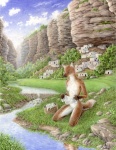 anthro bathing breasts brian_edwards canid canine canyon cloud featureless_breasts female laundry mammal maned_wolf medium_breasts niffad nude outside pueblo sky solo tail