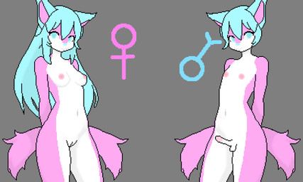 2_tails anthro areola blue_hair breasts duo female femboy fur genitals hair male male/female medium_breasts multi_tail navel nude penis pink_areola pink_body pink_fur tail vulva white_body white_fur hikaridraws sarah_(hikaridraws) canid canine canis mammal wolf 5:3 aliasing digital_media_(artwork) hi_res pixel_(artwork)