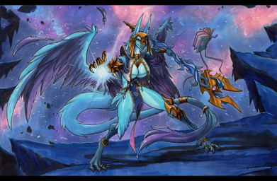 4_toes 5_fingers anthro biped black_bars blue_body blue_feathers blue_wings breasts detailed_background feathered_wings feathers feet female fingers long_ears long_tail looking_at_viewer non-mammal_breasts outside pelvic_curtain purple_eyes solo tail toes wings ewgengster warhammer_(franchise) warhammer_40000 ilsetria avian chaos_daemon daemon_of_tzeentch lord_of_change 2025 hi_res letterbox traditional_media_(artwork)