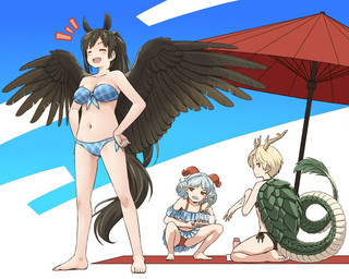antlers beach_umbrella bikini black_hair black_tail black_wings blonde_hair bovid_horn breasts caprine_horn chopsticks clothed clothed_female clothed_humanoid clothing collarbone crouching curly_hair eyes_closed feathered_wings feathers female grey_hair group hair hands_on_hips holding_chopsticks holding_object horn humanoid_pointy_ears looking_at_another navel open_mouth parasol pointy_ears red_eyes red_horn sharp_teeth shell short_hair sitting spread_wings standing swimwear tail tail_tuft teeth trio tuft two-piece_swimsuit wings yudepii mythology touhou saki_kurokoma yachie_kicchou yuuma_toutetsu animal_humanoid dragon dragon_humanoid eastern_dragon eastern_dragon_humanoid equid equid_humanoid horned_humanoid humanoid mammal mammal_humanoid mythological_creature mythological_scalie pegasus_humanoid scalie 2023 5:4