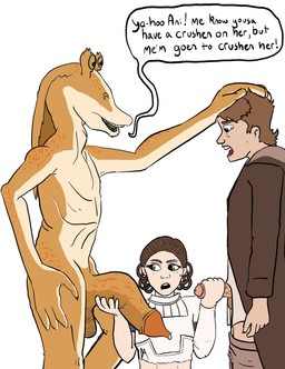 brown_hair female genitals green_eyes group hair jedi_tunic male male/female mole_under_eye nude open_mouth penis simple_background trio white_background dashastra star_wars anakin_skywalker jar_jar_binks padme_amidala alien gungan human mammal hi_res
