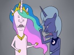 crown duo hair headgear hooves horn male multicolored_hair open_mouth parody princess royalty unknown_artist beavis_and_butt-head friendship_is_magic hasbro my_little_pony mythology princess_celestia_(mlp) princess_luna_(mlp) equid equine mammal mythological_creature mythological_equine unicorn 2011 4:3