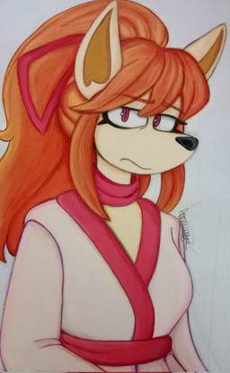 accessory annoyed anthro asian_clothing bangs bow_ribbon breasts clothing east_asian_clothing eye_bags eyelashes female frown furrowed_eyebrows hair hair_accessory hair_bow hair_ribbon japanese_clothing kimono looking_at_viewer pointy_ears ponytail prick_ears red_hair ribbons sad side_bangs snout solo makuchino undertale_(series) undertale_yellow ceroba_ketsukane canid canine fox mammal hi_res