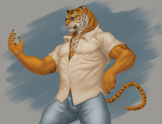 anthro blue_bottomwear blue_clothing blue_pants bottomwear claws clothed clothing eyewear finger_claws fur glasses male male_anthro markings mouth_closed orange_body orange_fur pants red_nose round_glasses simple_background solo standing striped_arms striped_body striped_chest striped_fur striped_markings striped_neck striped_tail stripes tail tail_markings topwear whiskers white_body white_clothing white_fur white_topwear aduran felid mammal pantherine tiger absurd_res hi_res portrait three-quarter_portrait