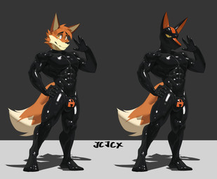 anthro black_bodysuit black_clothing black_latex black_skinsuit bodysuit chastity_bulge chastity_device clothing drone fluffy fluffy_tail fur latex latex_bodysuit latex_clothing latex_skinsuit lock_bulge lock_symbol male mask multicolored_body multicolored_fur null_bulge orange_body orange_fur simple_background skinsuit solo tail tan_body tan_fur tight_clothing two_tone_body two_tone_fur wearing_chastity_device wearing_mask yellow_eyes cxcxxcxxxx canid canine fox mammal 2025 absurd_res hi_res