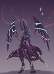 abstract_background ambiguous_gender anthro black_body featureless_crotch front_view hair hair_over_eye holding_melee_weapon holding_object holding_polearm holding_spear holding_weapon long_ears long_hair long_tail looking_at_viewer markings melee_weapon mouthless nude nude_anthro polearm pose solo spear standing tail thick_tail thick_thighs weapon wings conditional_dnp lodi_(artist) lodi_(character) demon absurd_res hi_res