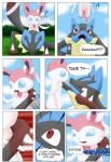 ambiguous_gender angry anthro arti4000 black_body black_fur blue_body blue_fur canid canine comic dialogue duo eeveelution english_text female fight fur generation_6_pokemon hi_res mammal mega_evolution mega_lucario nintendo pokemon pokemon_(species) red_body red_fur sylveon text yellow_body yellow_fur