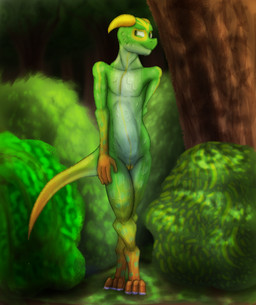 3_toes 4_fingers ambiguous_gender animal_genitalia anthro awkward cloaca crossed_legs digitigrade dirt embarrassed feet fingers forest forest_background genitals gradient_body grass green_body hand_on_hip hands_behind_back horn lighter_belly markings mud nature nature_background navel nervous nude organs plant scales shrub slim snout solo standing stomach stripes tail toes tree keli_kameks kobold scalie absurd_res hi_res shaded soft_shading
