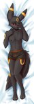 anthro black_nipples blush boxer_briefs clothing dakimakura male nipples one_eye_obstructed red_eyes solo underwear ringstudios nintendo pokemon zero3_delta eeveelution generation_2_pokemon pokemon_(species) umbreon dakimakura_design hi_res maleherm_(lore)