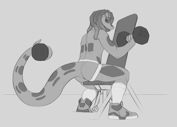 anthro anus butt clothing dreadlocks exercise eyewear eyewear_on_head footwear goggles goggles_on_head legwear long_tail male prehensile_tail shoes simple_background sneakers socks solo tail thick_tail weights tkraccoon gecko lizard reptile scalie hi_res monochrome