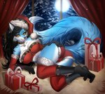 2019 adorableinall amber_eyes anthro armwear big_breasts biped black_hair blue_body blue_fur breasts camel_toe canid canine christmas christmas_clothing christmas_headwear clothing collaboration collar costume curtains ear_piercing ear_ring elbow_gloves female fox full_moon fur gift gloves hair handwear hat headgear headwear holidays inside looking_at_viewer mammal melanie_black moon night nitricacid piercing pose ring_piercing santa_costume santa_hat smile smiling_at_viewer solo