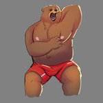 anthro balls_outline belly bottomwear bulge clothing detailed_bulge eyes_closed genital_outline male moobs nipples open_mouth overweight overweight_male penis_outline shorts simple_background sitting solo yawn lentejota6 bear mammal 1:1 2021