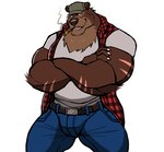 anthro bottomwear brown_body brown_fur cigar clothing crossed_arms flannel_shirt fur grey_clothing grey_shirt grey_topwear hat headgear headwear male muscular muscular_anthro muscular_male overweight overweight_male pants shirt simple_background smoke solo topwear white_background darknaigart gus_(grizzlygus) bear brown_bear grizzly_bear kodiak_bear mammal ursine absurd_res hi_res