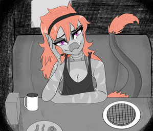 accessory anthro bacon big_breasts biped black_clothing black_shirt black_tank_top black_topwear bra breasts clothed clothed_anthro clothed_female clothing coffee_mug crossgender diner feathered_tail feathers female fingers food front_view furniture hair hair_accessory hairband hand_on_head happy humanoid_hands inside long_hair long_tail looking_at_viewer love markings meat mtf_crossgender neck_markings pink_body pink_feathers pink_hair plate purple_eyes restaurant shirt sitting smile solo striped_markings stripes table tail tank_top topwear underwear waffle gothgator0 goodbye_volcano_high ko_op_(game_developer) reed_(gvh) reeda dinosaur dromaeosaurid prehistoric_species reptile saurischian scalie theropod velociraptor 2024 absurd_res grey_theme hi_res shaded