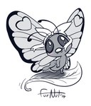 2014 ambiguous_gender antennae_(anatomy) anthro arthropod biped blue_eyes blush blush_lines bow_accessory bow_ribbon butterfree buttershe female_(lore) front_view furnut generation_1_pokemon heart_(marking) insect insect_wings leaf lepidopteran lepidopteran_wings looking_at_viewer markings monochrome nintendo nude pokemon pokemon_(species) pose simple_background teeth white_background wing_markings wings