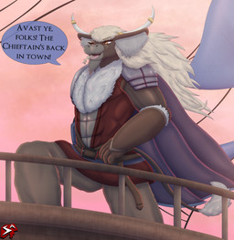 abs accessory amber_eyes anthro armor beard belt belt_buckle black_body black_fur blonde_hair blue_cape blue_clothing boat bottomwear brown_bottomwear brown_clothing brown_pants buckle cape chieftain clothing cloud countershade_torso countershading dialogue eye_scar facial_hair facial_scar fantasy flag fluffy fluffy_chest fur furgonomics gauntlets glistening_abs gloves grey_body grey_fur hair handwear horn horn_accessory hornband inner_ear_fluff long_hair male mature_male muscular muscular_male pants railing red_clothing red_shirt red_topwear sailing_boat sailing_watercraft sailor scar ship shirt shoulder_pads sky smile solo sparkles sunrise tail_fluff text topwear tuft vehicle watercraft wheat wheat_in_mouth stylish_apollo heart_of_the_lands xander_dorwin bovid bovine mammal true_buffalo water_buffalo comic english_text hi_res story story_in_description
