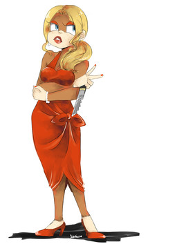 alternate_hairstyle blue_eyes bracelet brown_body brown_fur clothing colored_nails crossed_arms dress ear_piercing ear_ring eyeshadow female footwear fur high_heels jewelry knife lipstick looking_aside makeup nails piercing pursed_lips red_clothing red_dress red_lipstick ring_piercing shoes simple_background solo standing white_background unknown_artist donkey_kong_(series) nintendo candy_kong ape haplorhine mammal primate signature