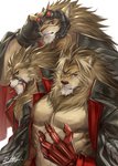 abs anthro blood bodily_fluids clothing fluffy fur hair inner_ear_fluff male multiple_poses muscular muscular_anthro muscular_male pecs pose pupils simple_background slit_pupils solo tuft rabbity arknights hypergryph studio_montagne siege_(arknights) felid lion mammal pantherine 2020 hi_res shaded