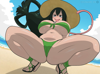 beach big_breasts bikini biped breasts butt camel_toe clothed clothing female green_bikini green_clothing green_swimwear hair long_tongue pupils solo spread_legs spreading swimwear tongue tongue_out two-piece_swimsuit snakebd my_hero_academia asui_tsuyu humanoid