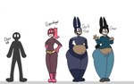 anthro belly big_belly bloated boots bottom_heavy breasts clothed clothing dark_body dark_skin duo female female/female footwear gloves hair handwear huge_belly long_hair looking_at_viewer mask navel not_furry open_mouth overweight pear-shaped_figure pink_hair ponytail shoes simple_background smile superhero tail text thick_thighs wide_hips jayme_universe animal_humanoid human humanoid hybrid lagomorph leporid mammal rabbit digital_media_(artwork) english_text hi_res model_sheet