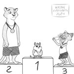 anthro celebration from_front_position group male male/male medal trio victory_position hatakeclarissarts disney inktober olympics zootopia duke_weaselton cougar cricetid felid feline hamster mammal mustelid musteline rodent true_musteline weasel 1:1 2024 hi_res monochrome