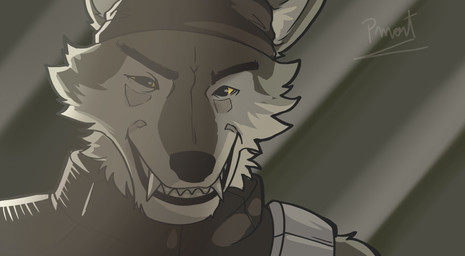 anthro brown_body brown_fur close-up clothed clothing evil_face evil_grin eyebrows fangs fur male parody perspective smile smiling_at_viewer solo teeth pinumontbalou epic_games fortnite kamen_rider wendell_(fortnite) canid canine canis mammal wolf hi_res