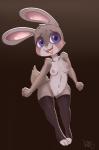 2015 anthro blush breasts clothing disney featureless_crotch female hi_res judy_hopps krayboost lagomorph legwear leporid looking_at_viewer mammal mostly_nude nipples rabbit simple_background small_breasts smile solo thigh_highs zootopia