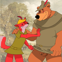 anthro balls blush bottomless bottomless_male clothed clothing clothing_pull duo flaccid foreskin forest genitals holding_each_other humanoid_genitalia humanoid_penis looking_at_another male male/male outside penis photo_background plant presenting tree unretracted_foreskin mandarinaks disney robin_hood_(disney) little_john robin_hood bear canid canine fox mammal red_fox true_fox 1:1 absurd_res hi_res photography_(artwork)