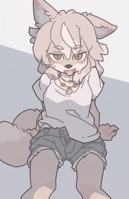 anthro blush bodily_fluids bottomwear breasts clothed clothed_anthro clothed_female clothing cute_fangs fangs female female_anthro fur hair kemono looking_at_viewer naughty_face shirt shorts solo sweat sweatdrop t-shirt tail teeth tongue tongue_out topwear unbuttoned_shorts yagi_the_goat kubrick_stare canid canine canis mammal wolf 2022 digital_media_(artwork) hi_res