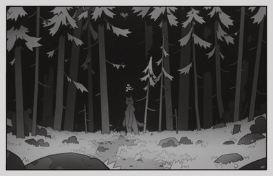 anthro border detailed_background forest grass path plant rock solemn solo symbol tree white_border lundi canid canine canis mammal wolf 2021 absurd_res greyscale hi_res monochrome