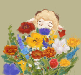 anthro bucket container ears_down eyebrows flower fur happy horn looking_down male pivoted_ears plant smelling_flower sniffing solo white_body white_fur white_wool wool_(fur) reynard_goodfellow reynard_the_baa bovid caprine mammal sheep