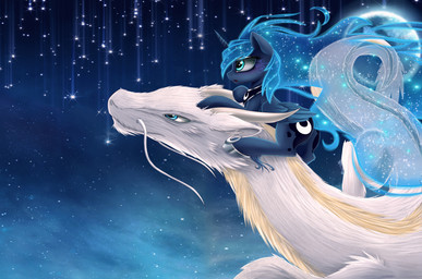 blue_body blue_eyes blue_feathers blue_hair cosmic_hair duo ethereal_hair eyelashes feathered_wings feathers female feral fur hair horn long_hair moon night outside pseudo_hair riding sky star starry_sky straddling tail translucent translucent_hair white_body white_fur wings magnaluna friendship_is_magic ghibli hasbro my_little_pony mythology spirited_away haku_(spirited_away) princess_luna_(mlp) dragon equid equine mammal mythological_creature mythological_equine mythological_scalie scalie winged_unicorn 2015 absurd_res crossover digital_media_(artwork) hi_res