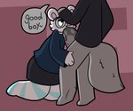 anthro black_clothing black_shirt black_topwear blue_clothing blue_legwear blue_shirt blue_thigh_highs blue_topwear blush blush_lines bodily_fluids clothed clothing duo eyewear faceless_character faceless_male fellatio fluffy fluffy_tail fur genitals glasses good_boy grey_body grey_fur hand_on_head hand_on_leg hand_on_thigh legwear male male/male oral partially_clothed pattern_clothing pattern_legwear pattern_thigh_highs penile penis red_background round_glasses saliva saliva_on_penis sex shirt simple_background striped_clothing striped_legwear striped_thigh_highs stripes tail thigh_highs topwear white_body white_clothing white_fur white_legwear white_thigh_highs grape_ad snow_(snowb34r) bear canid canine fox mammal polar_bear ursine hi_res shaded trans_(lore) trans_woman_(lore)