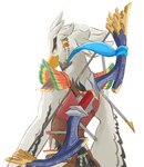 anthro armor braided_pseudo_hair feathers great_eagle_bow looking_at_viewer male rear_view scarf simple_background solo white_background white_body white_feathers yellow_eyes sheep_riritoto nintendo the_legend_of_zelda teba_(tloz) avian bird rito